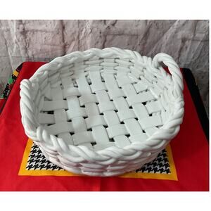Italian White Ceramic Woven Cachepot Basket 11" HEAVY Made in Italy Signed